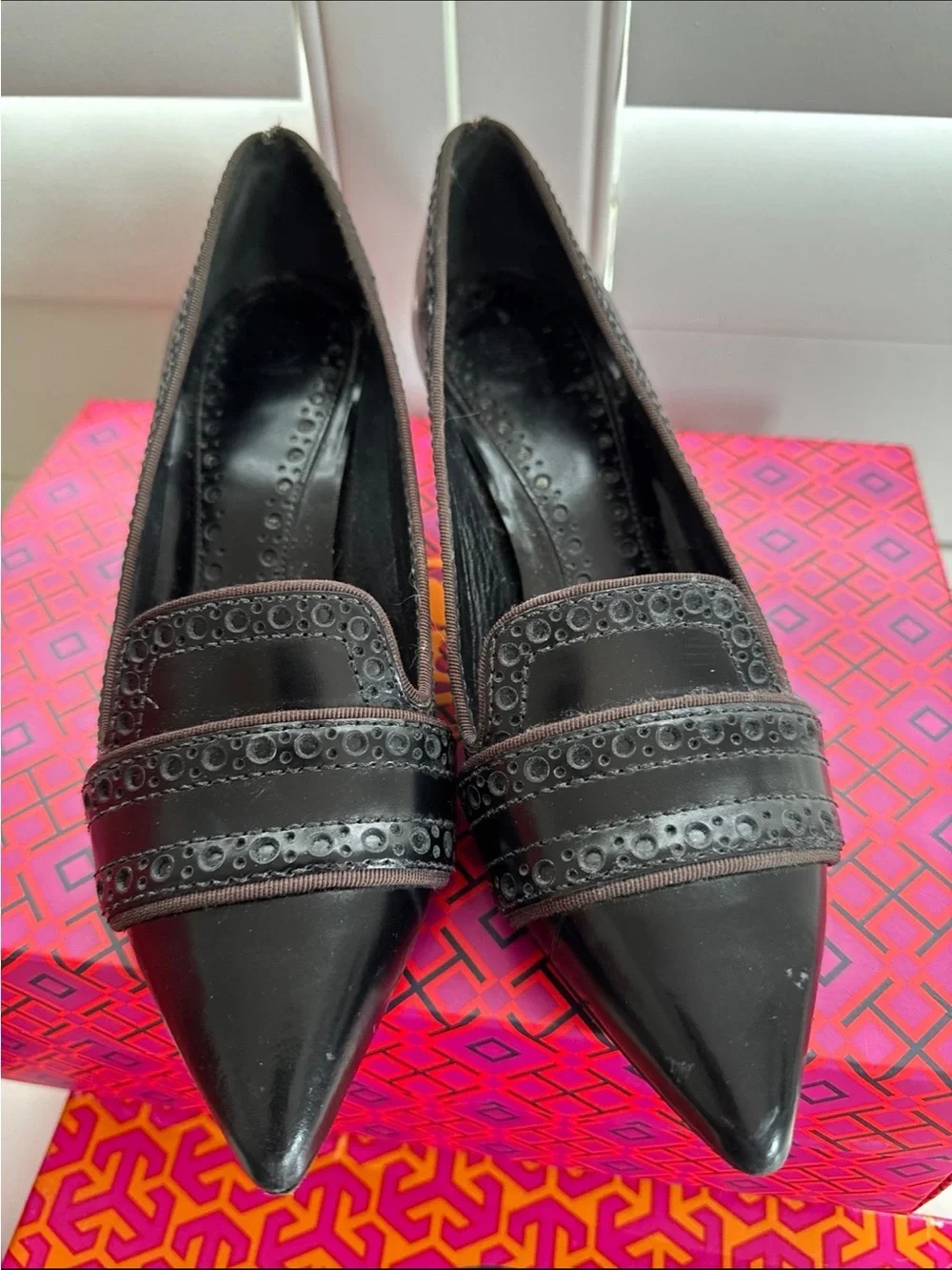 Tory Burch Black Leather Pointed-Toe Kitten Heels with Brogue Strap